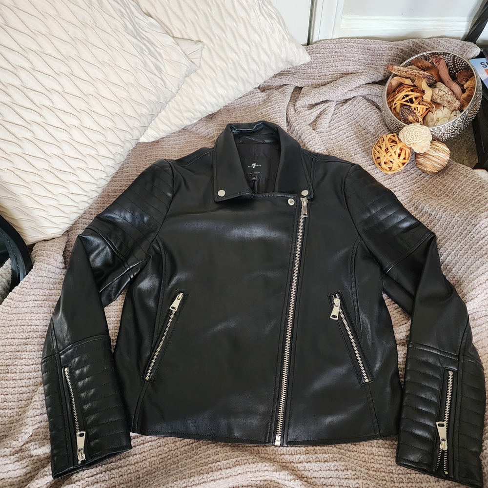 7 For All Mankind Black Faux Leather Moto Jacket